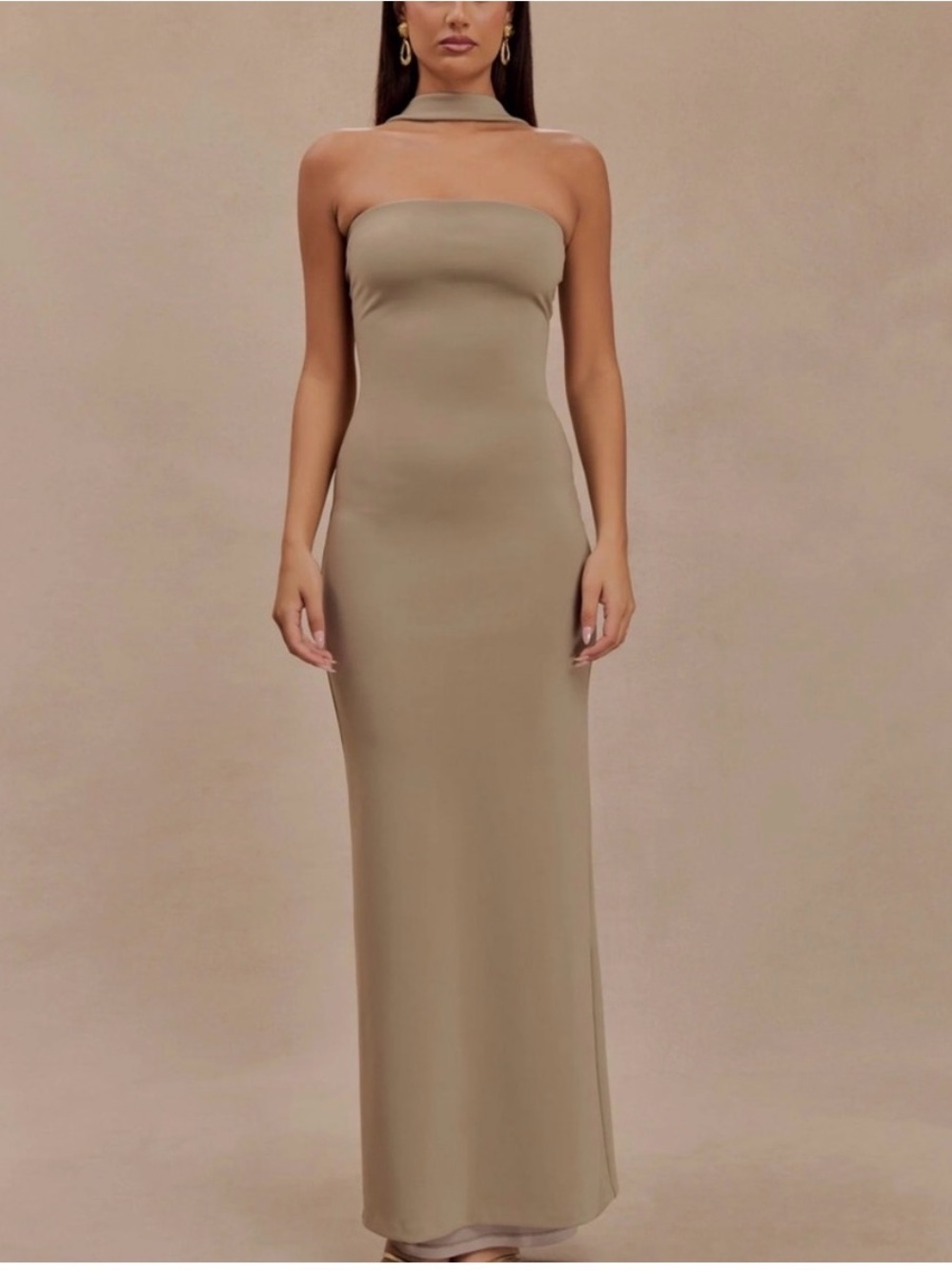 Meshki Velma Halter Collar Maxi Dress Women's Small Fitted Mushroom NWT
